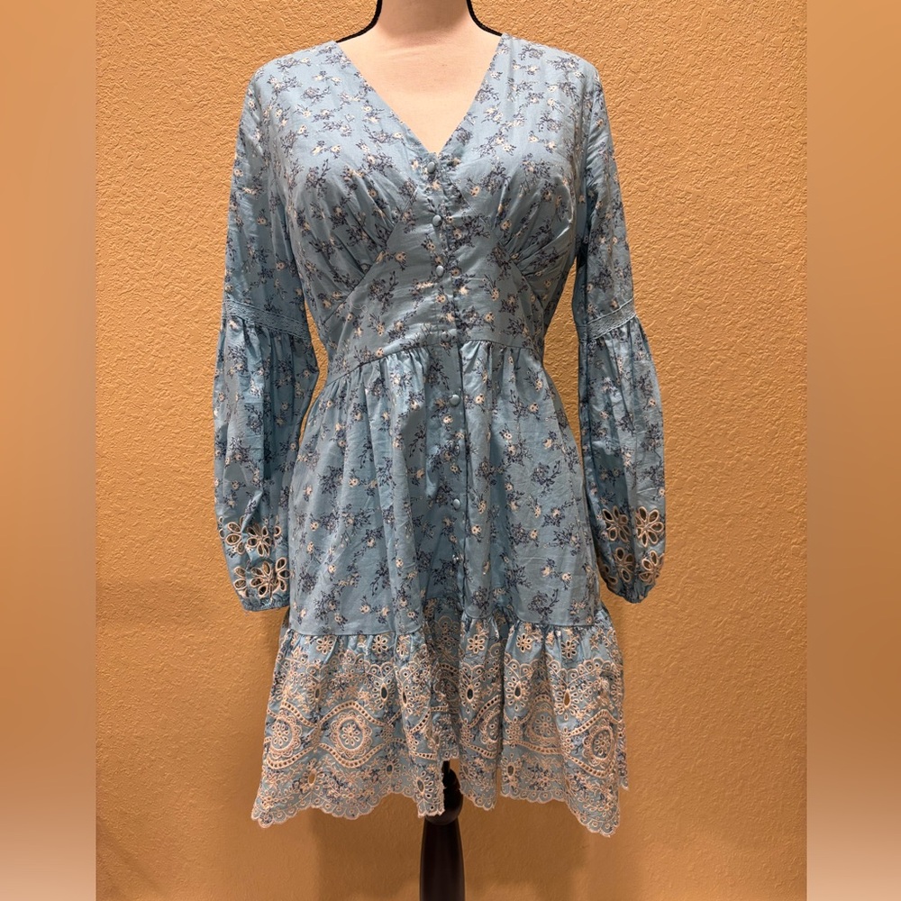 Collective Story Chic Long Sleeve Floral Eyelet Cotton Mini Dress in Light Blue